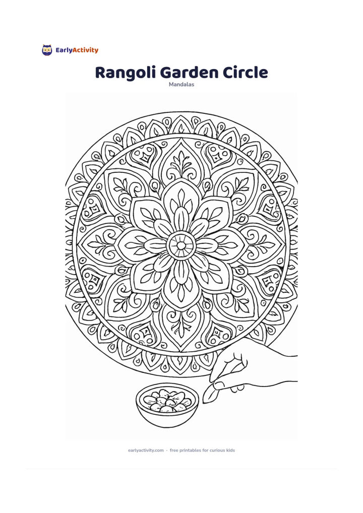 Colouring page: Draw a circular rangoli-inspired mandala with a broad floral centre, looping borders, paisley shapes, dots and symmetrical garden leaves. Place a small bowl of flower petals and a hand…