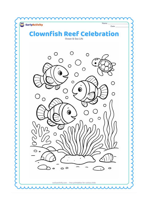 Colouring page: Draw three joyful clownfish circling an anemone as bubbles rise like a festive underwater display, with coral, seaweed, shells, rocks, and a distant sea turtle. Add varied fins, turns,…
