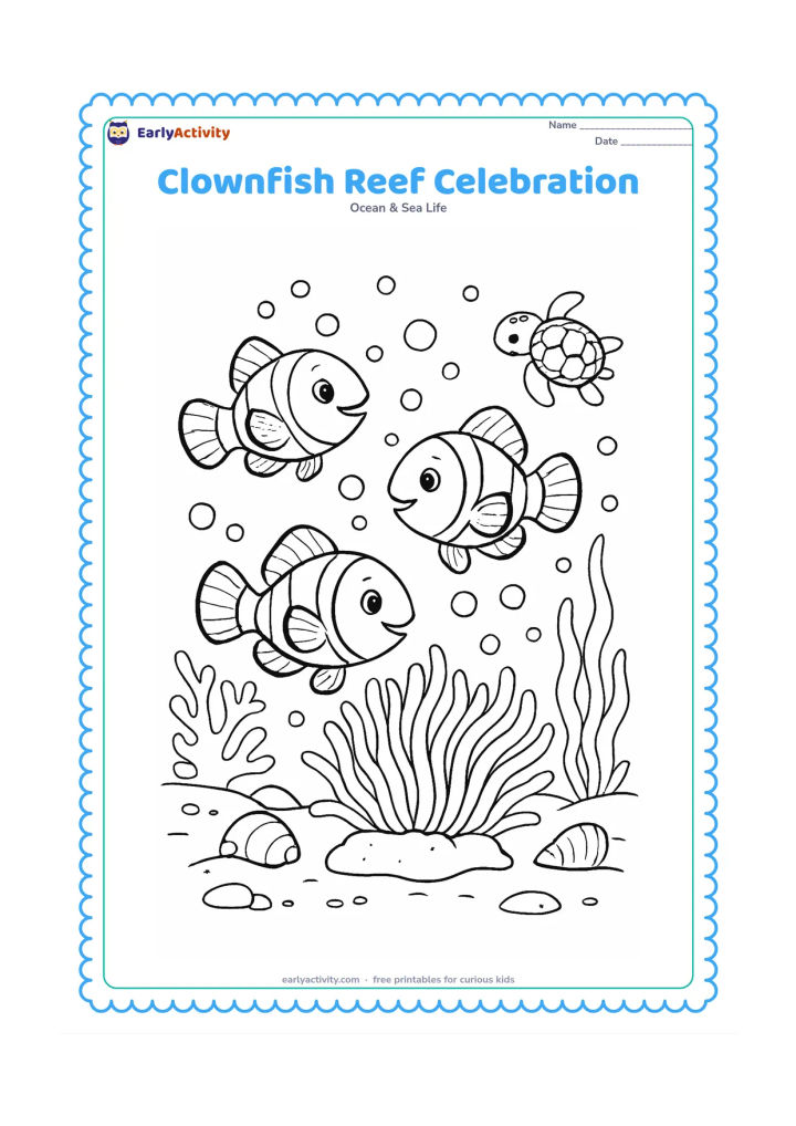 Colouring page: Draw three joyful clownfish circling an anemone as bubbles rise like a festive underwater display, with coral, seaweed, shells, rocks, and a distant sea turtle. Add varied fins, turns,…
