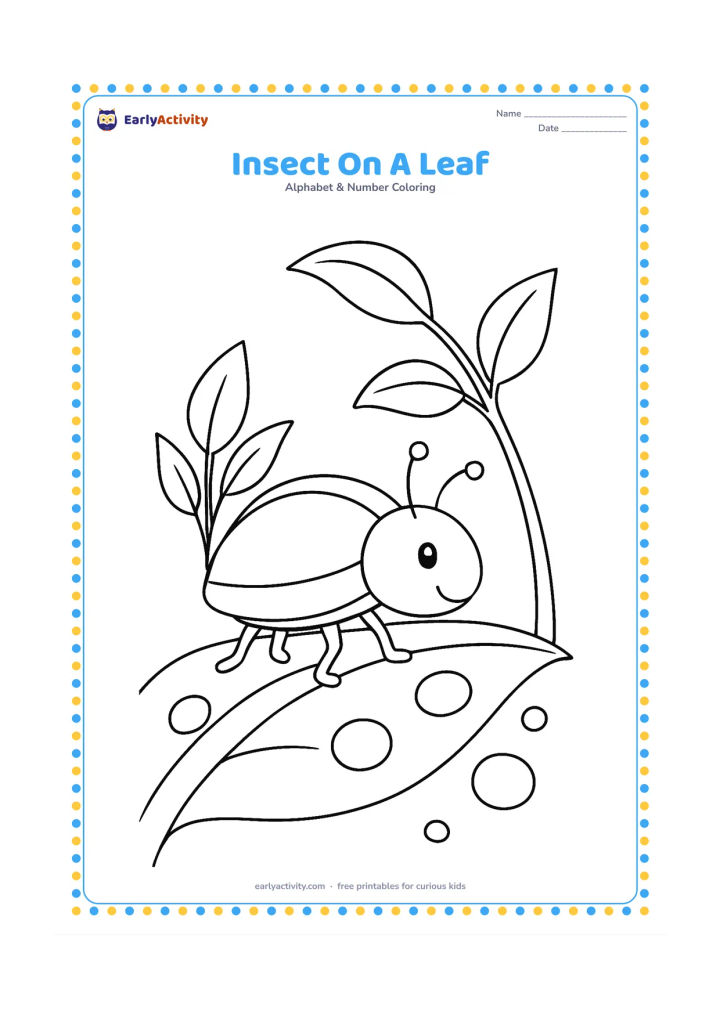 Colouring page: Draw a friendly beetle-like insect walking across a broad leaf, with two smaller leaves, a curved stem, and a few round dew drops. Show the insect from a side view.