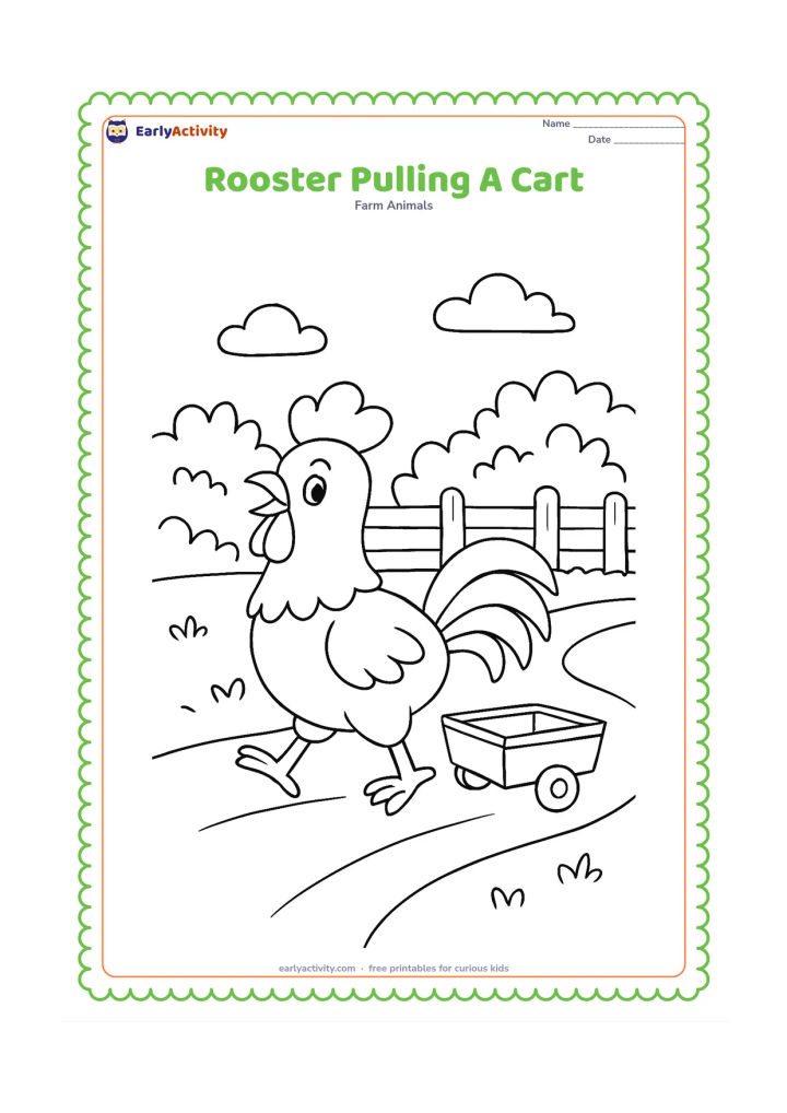 Colouring page: Draw a playful rooster walking in front of a tiny empty farm cart, with the cart shown as a toy-like scene rather than attached to the bird. Add a farm path, fence and leafy bushes.