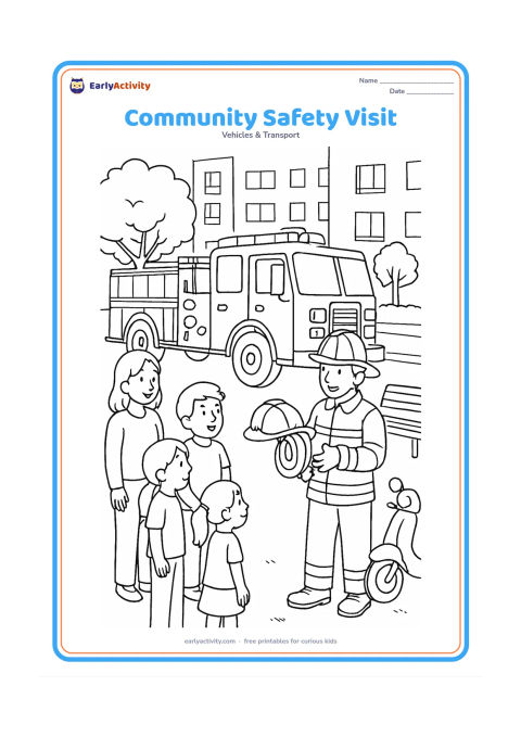 Colouring page: Draw a detailed fire truck visiting a community courtyard, where a firefighter shows a coiled hose and helmet to children and a trusted adult. Add trees, apartment walls, benches and a…