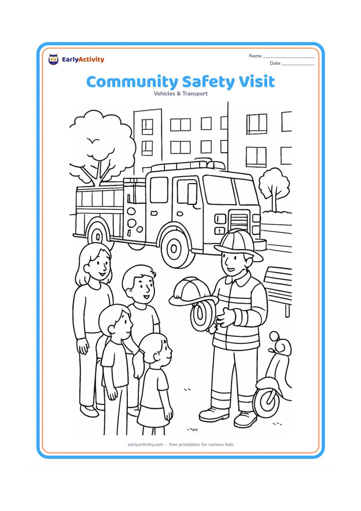 Colouring page: Draw a detailed fire truck visiting a community courtyard, where a firefighter shows a coiled hose and helmet to children and a trusted adult. Add trees, apartment walls, benches and a…