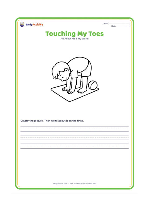 Worksheet: A child bends forward and touches their toes, showing hands, knees and feet clearly. Place the child on a simple play mat with one ball nearby.