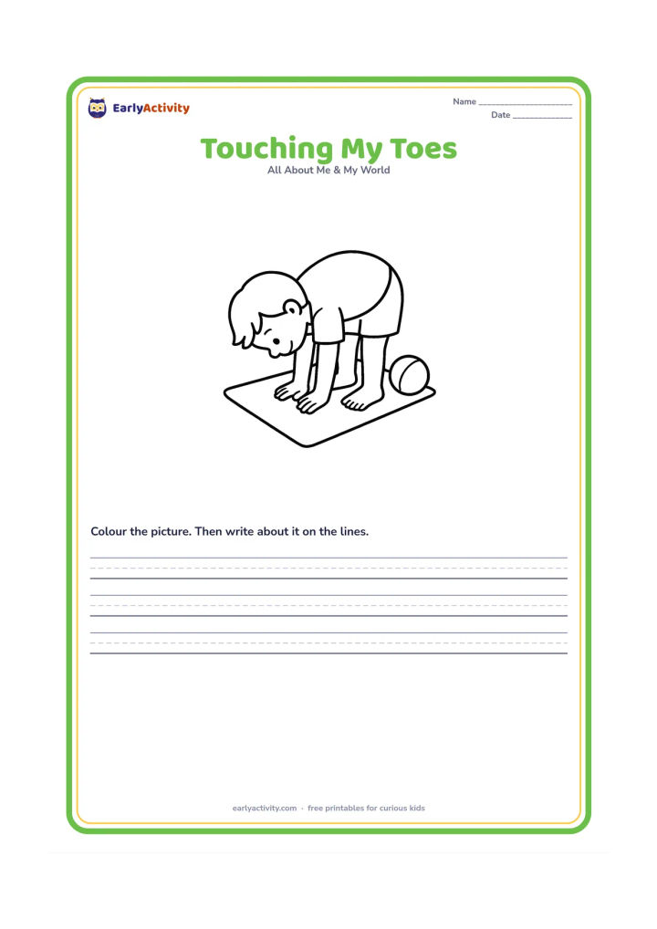 Worksheet: A child bends forward and touches their toes, showing hands, knees and feet clearly. Place the child on a simple play mat with one ball nearby.