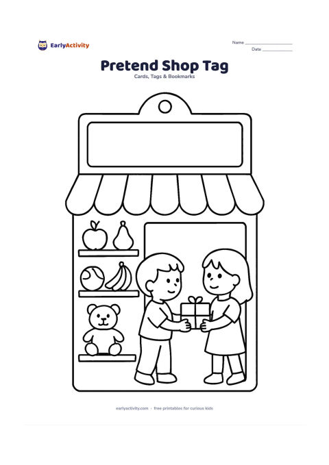 Worksheet: Draw a shopfront-shaped gift tag for a pretend classroom shop, with a striped awning, shelves of simple fruit and toys, a child handing a parcel to another child, and a large blank sign…
