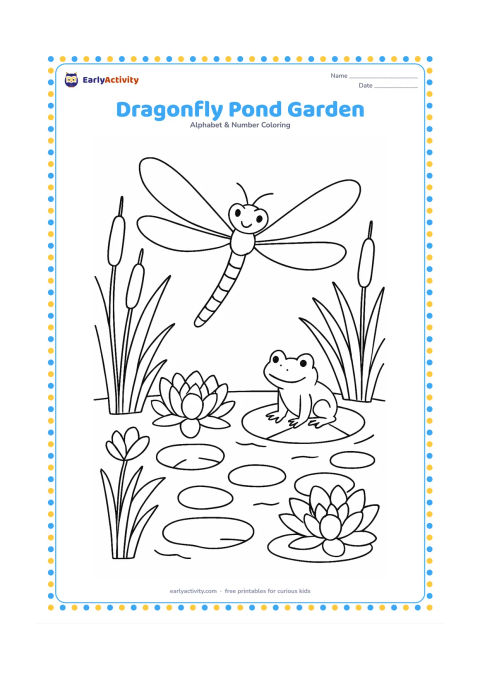 Colouring page: A dragonfly hovers over a garden pond surrounded by tall reeds, lotus flowers, lily pads and a small stepping-stone path. Include a frog watching from one lily pad.