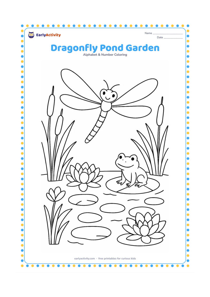 Colouring page: A dragonfly hovers over a garden pond surrounded by tall reeds, lotus flowers, lily pads and a small stepping-stone path. Include a frog watching from one lily pad.