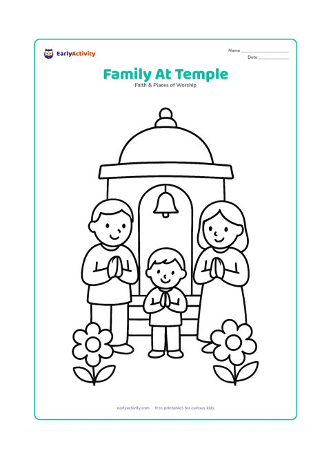 Colouring page: Two adults and one child standing respectfully outside a small temple entrance, with hands together. Add a rounded dome, two steps, a bell and three large flowers.