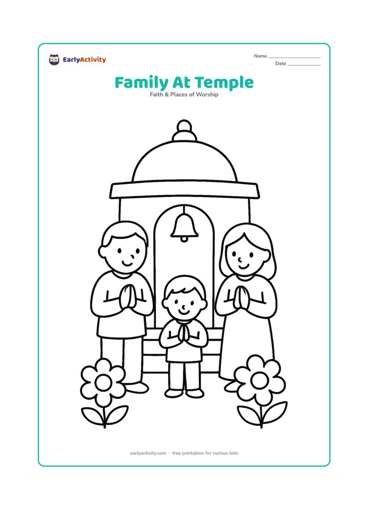 Colouring page: Two adults and one child standing respectfully outside a small temple entrance, with hands together. Add a rounded dome, two steps, a bell and three large flowers.