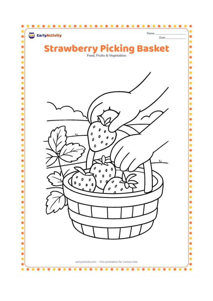 Colouring page: Draw a child's hands placing a strawberry into a woven basket already holding several strawberries, with a few leaves and a garden row behind.