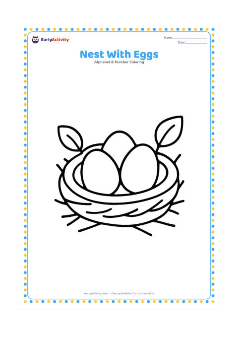 Colouring page: Draw one large bird nest with three smooth eggs inside, centered on the page. Add a few simple twigs and two broad leaves around the nest.