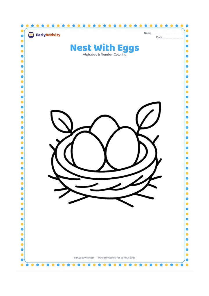 Colouring page: Draw one large bird nest with three smooth eggs inside, centered on the page. Add a few simple twigs and two broad leaves around the nest.