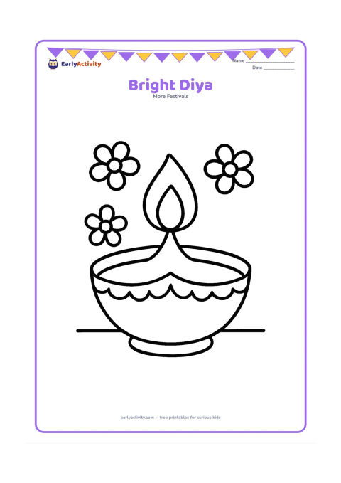 Colouring page: Draw one large decorated diya with a friendly rounded shape and a single flame, surrounded by three simple flower petals. Place it on a plain floor line.