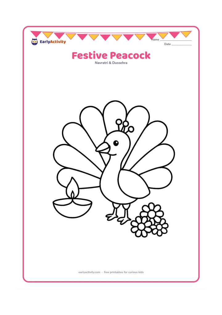 Colouring page: Draw a peacock standing beside a diya and a small cluster of marigold flowers, with its tail opened into large rounded feather shapes. Keep the setting spacious and cheerful.