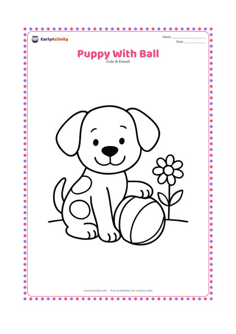 Colouring page: A happy puppy sits beside a large round ball, with one paw resting on it and its tail curved upward. Include a simple garden ground line and one large daisy.