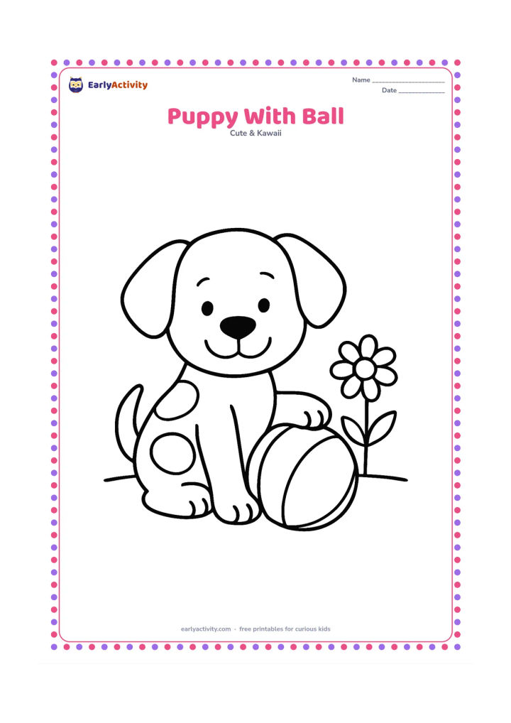Colouring page: A happy puppy sits beside a large round ball, with one paw resting on it and its tail curved upward. Include a simple garden ground line and one large daisy.