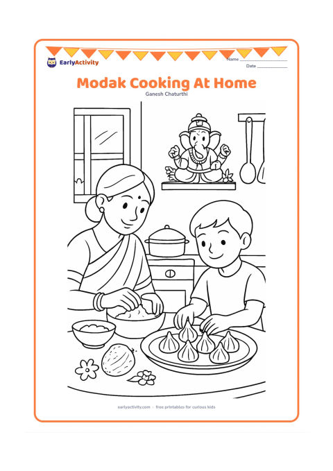 Colouring page: An adult and child prepare modaks in an Indian kitchen while a small Ganesha idol sits respectfully on a decorated shelf. Show a steamer, bowls, coconut, flowers, a window and kitchen…