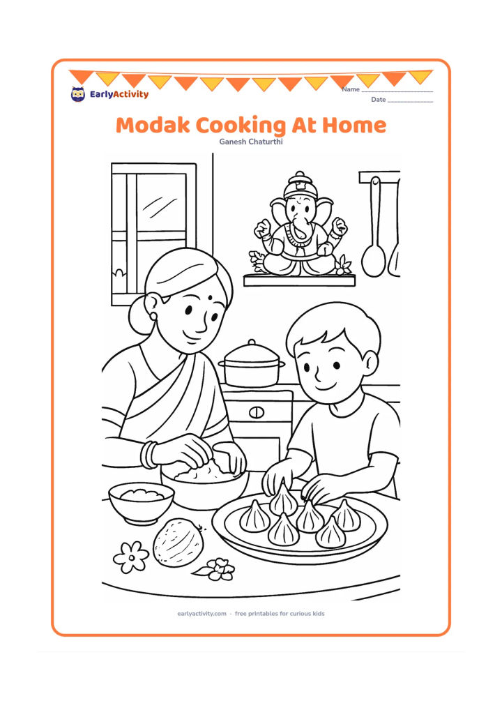 Colouring page: An adult and child prepare modaks in an Indian kitchen while a small Ganesha idol sits respectfully on a decorated shelf. Show a steamer, bowls, coconut, flowers, a window and kitchen…