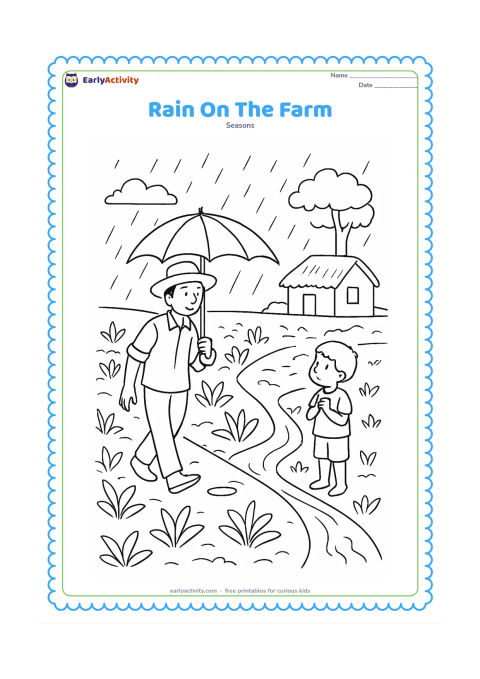 Colouring page: A farmer walks between young crop rows carrying a plain umbrella, while a child stands near a small water channel watching the rain. Include a simple Indian farm hut, leafy crops,…