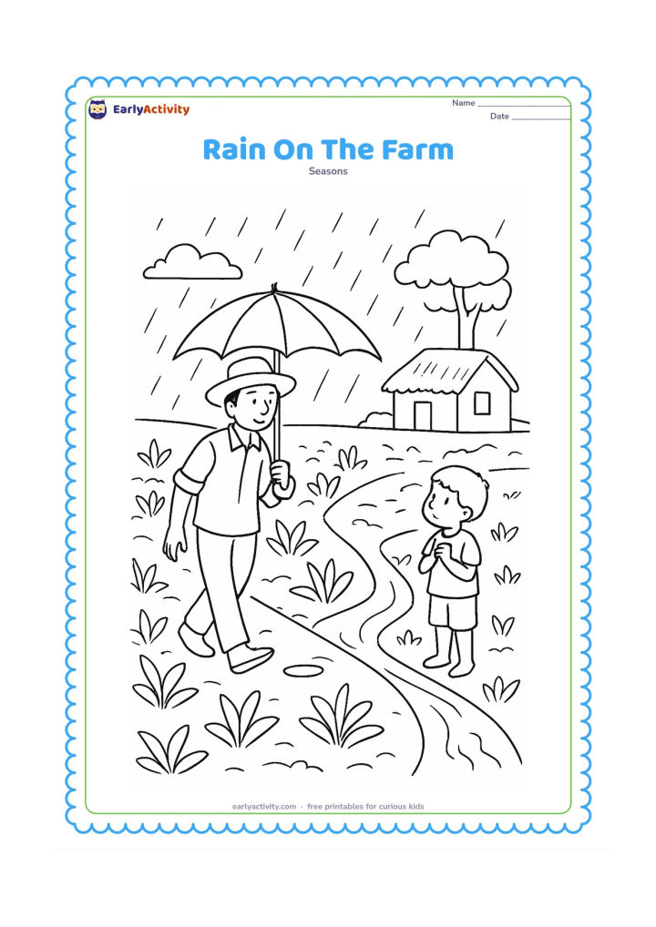 Colouring page: A farmer walks between young crop rows carrying a plain umbrella, while a child stands near a small water channel watching the rain. Include a simple Indian farm hut, leafy crops,…