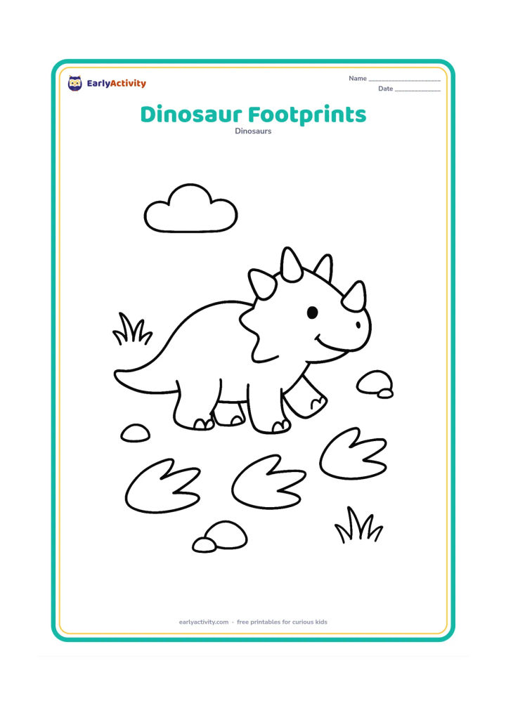 Colouring page: A happy three-horned dinosaur walks across an open field, with a clear trail of three large footprints behind it. Add a few stones, grass tufts and a cloud.