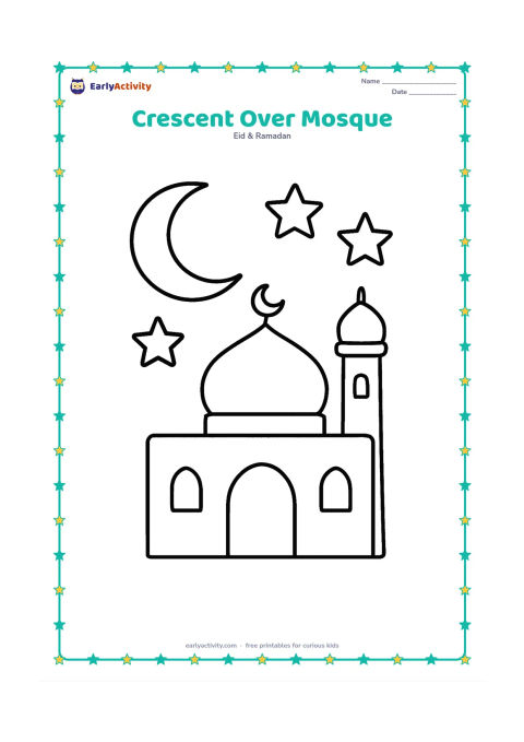 Colouring page: Draw a simple mosque with one dome, one minaret, a doorway, and a large crescent moon above it. Place a few oversized stars in the open sky.