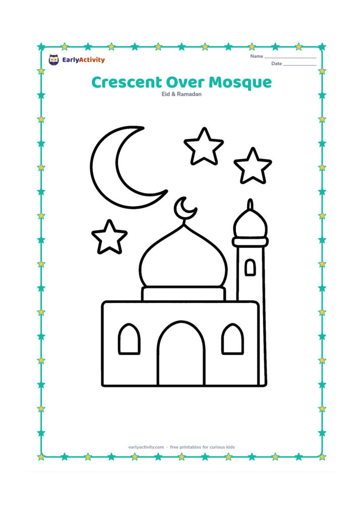 Colouring page: Draw a simple mosque with one dome, one minaret, a doorway, and a large crescent moon above it. Place a few oversized stars in the open sky.