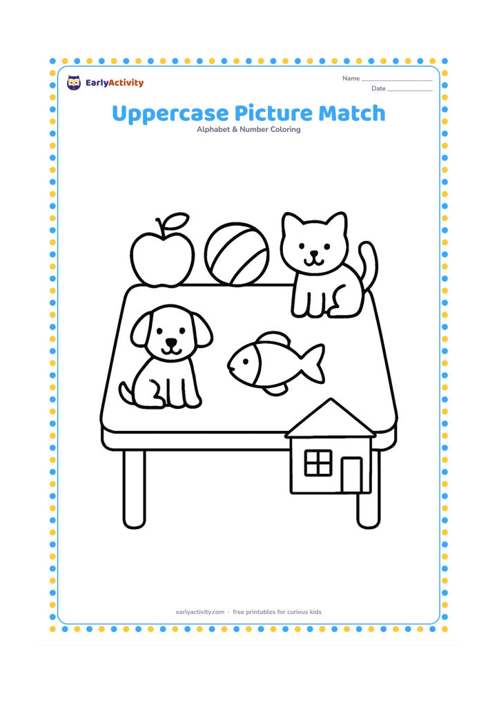 Colouring page: Draw a tidy classroom table with six familiar objects arranged in separate spaces: an apple, ball, cat, dog, fish and house. Leave generous blank areas around every object for discussion…