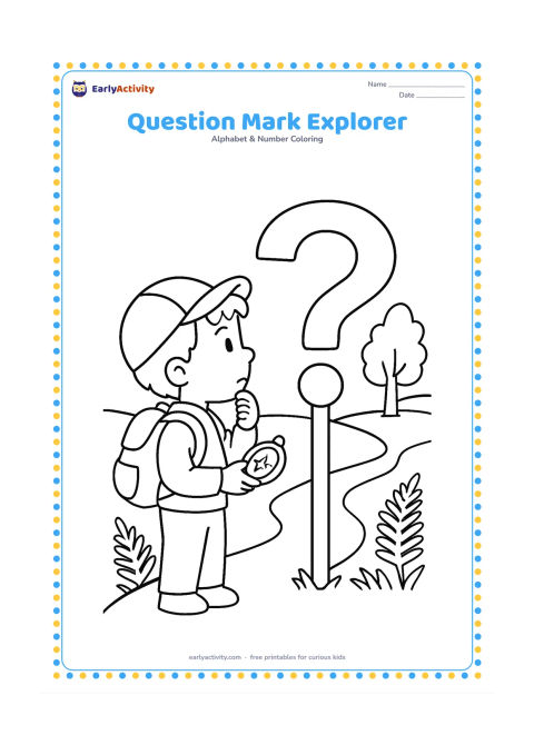 Colouring page: A curious child with a small backpack examines a large question mark-shaped sign beside a forked forest path. Include a compass held in one hand, ferns, and two distant trees.