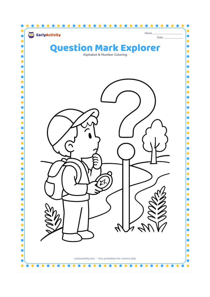 Colouring page: A curious child with a small backpack examines a large question mark-shaped sign beside a forked forest path. Include a compass held in one hand, ferns, and two distant trees.