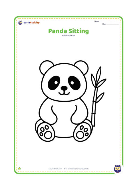 Colouring page: Draw one friendly giant panda sitting upright with round ears, large paws and a simple bamboo stalk beside it. Use a centered composition with plenty of open space around the panda.