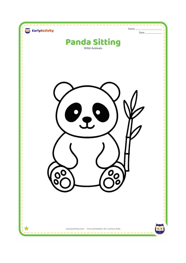 Colouring page: Draw one friendly giant panda sitting upright with round ears, large paws and a simple bamboo stalk beside it. Use a centered composition with plenty of open space around the panda.