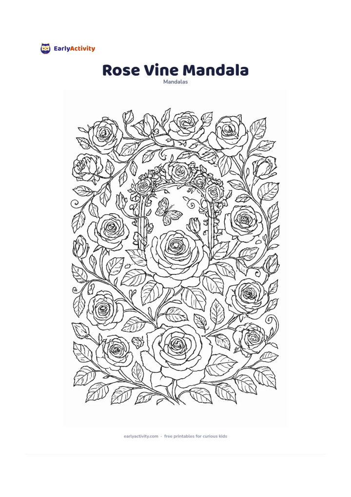 Colouring page: Arrange several fully opened roses, rosebuds, serrated leaves and winding thorn-free vines into a balanced circular mandala. Include a small garden arch covered in roses behind the…