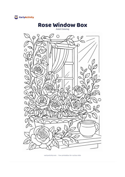 Colouring page: Draw a window box filled with climbing roses, buds, leaves and curling stems beneath an open window. Add a ceramic pot, a simple curtain edge and sunlight falling across the sill.