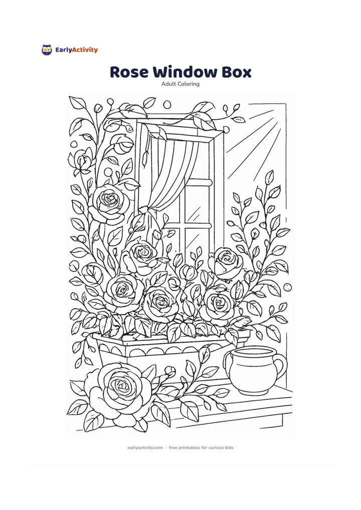 Colouring page: Draw a window box filled with climbing roses, buds, leaves and curling stems beneath an open window. Add a ceramic pot, a simple curtain edge and sunlight falling across the sill.