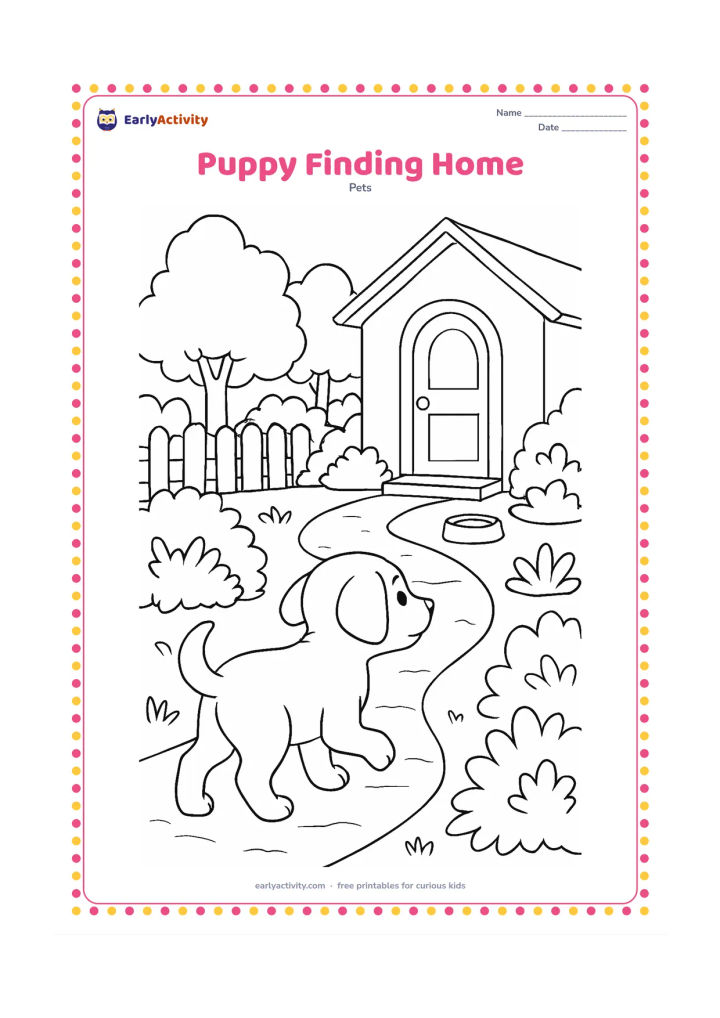 Colouring page: Draw a curious puppy following a winding garden path toward a welcoming house doorway, with a low fence, shrubs, trees, and a visible water bowl near the entrance. Do not include signs,…
