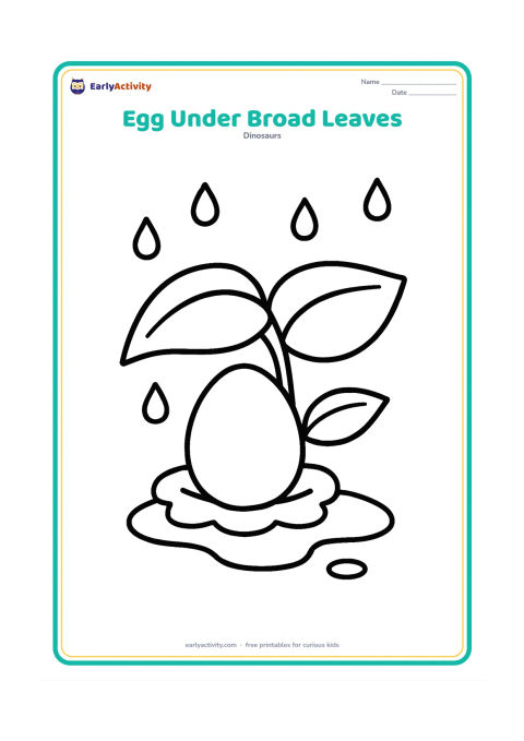 Colouring page: A single oval egg rests safely under two very large broad leaves. Add a few simple raindrops, a puddle curve, and a small nest underneath.