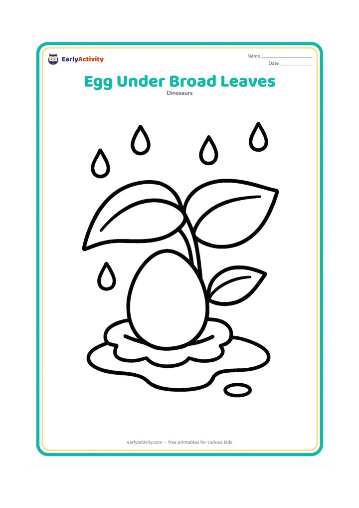 Colouring page: A single oval egg rests safely under two very large broad leaves. Add a few simple raindrops, a puddle curve, and a small nest underneath.