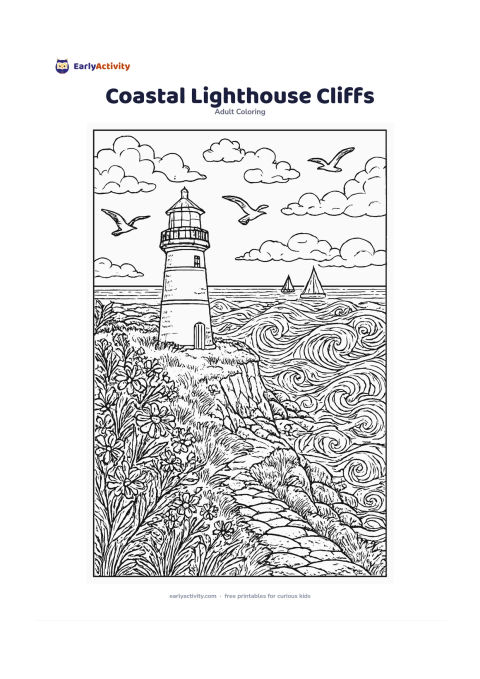 Colouring page: A lighthouse stands on grassy seaside cliffs above curling waves, with seabirds, wild coastal flowers, a rocky path and distant sailboats on the horizon. Do not place any markings or…