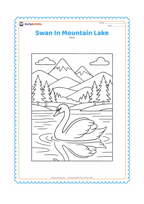 Colouring page: A swan swims across a mountain lake with layered hills, snow-topped peaks, pine trees, and a detailed reflection beneath the bird. Add gently curved ripples in the foreground.