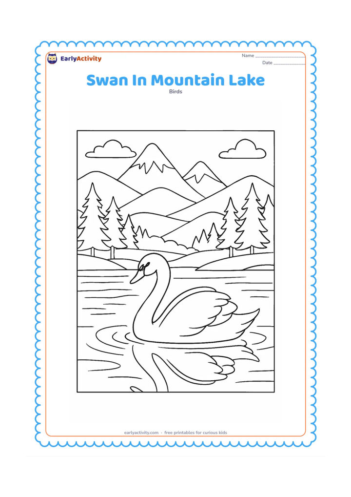 Colouring page: A swan swims across a mountain lake with layered hills, snow-topped peaks, pine trees, and a detailed reflection beneath the bird. Add gently curved ripples in the foreground.