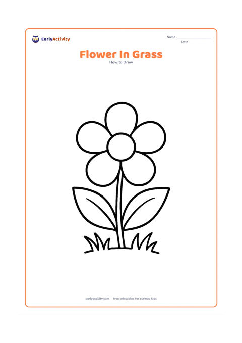 Worksheet: A large five-petal flower stands in a small patch of grass with two broad leaves and three simple grass blades. The flower should remain the main, central shape.