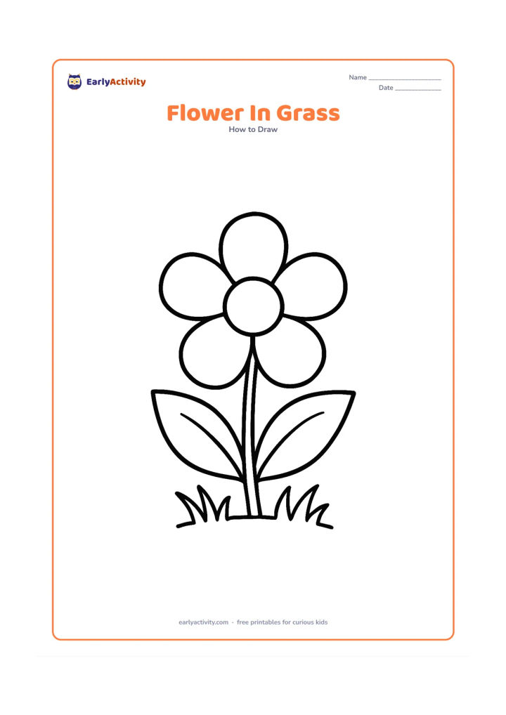 Worksheet: A large five-petal flower stands in a small patch of grass with two broad leaves and three simple grass blades. The flower should remain the main, central shape.