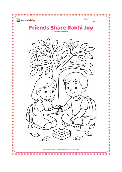 Colouring page: Two school-age friends sit beneath a leafy tree while one ties a rakhi on the other's wrist. Show a school bag, a small sweet box with a blank lid and fallen leaves nearby.