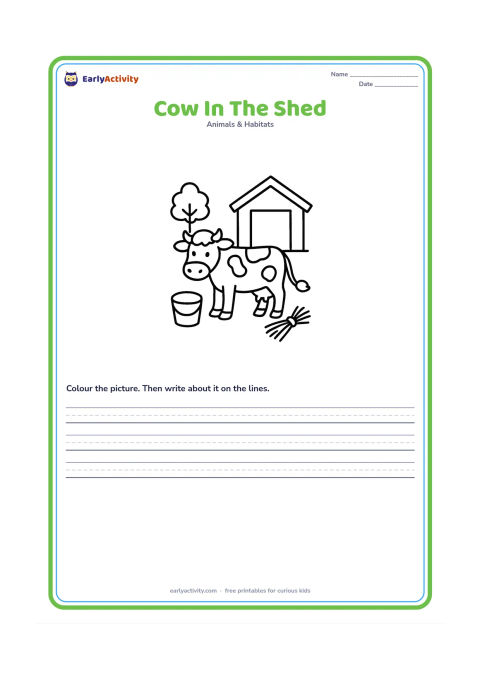 Worksheet: Draw one friendly cow standing beside a simple rural Indian cowshed, with a water bucket, hay bundle and a small tree behind it. Use a large side view with clear spaces around the cow…