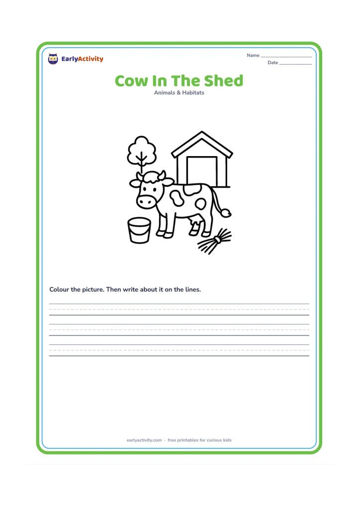 Worksheet: Draw one friendly cow standing beside a simple rural Indian cowshed, with a water bucket, hay bundle and a small tree behind it. Use a large side view with clear spaces around the cow…