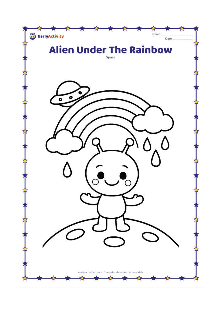Colouring page: Draw a smiling alien standing under a broad rainbow on a small planet, with two puffy clouds and a few large raindrops. Add a simple flying saucer peeking from behind a cloud.