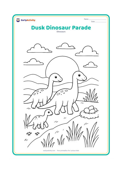 Colouring page: Draw a small family of gentle dinosaurs, including a baby, walking along a ridge at dusk toward a nest. Add a large setting sun, layered clouds, tall grasses, footprints and distant hills.