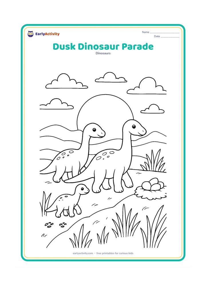 Colouring page: Draw a small family of gentle dinosaurs, including a baby, walking along a ridge at dusk toward a nest. Add a large setting sun, layered clouds, tall grasses, footprints and distant hills.